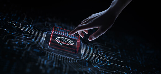 AI Transforming Industries Illustrated on a Processor Touched by a Human Hand.