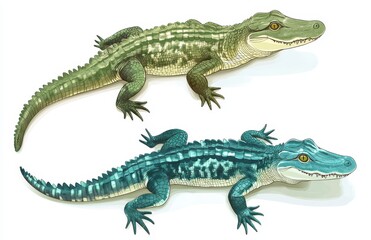 Fototapeta premium Colorful Illustrations of Two Distinct Types of Crocodiles with Unique Patterns and Features, Showcasing Natural Beauty and Biology in Detail