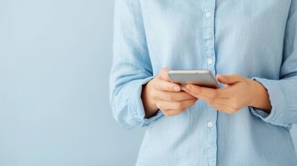 Young Woman Using Smartphone Against Soft Blue Background