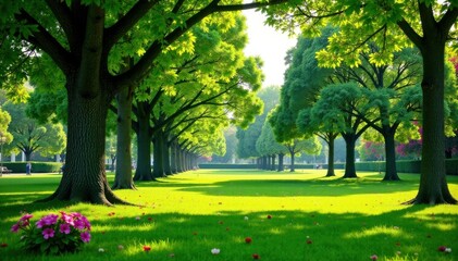 Obraz premium Serene park scene with mature trees and flowers, grassy areas, garden benches, shrubbery