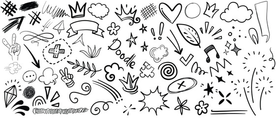 Simple sketch line style elements. ute Doodle pen line elements.Doodle arrow, heart, star, decoration symbol, icon set. Hand drawn sketch doodle cute star, emphasis, flower element.Vector illustration
