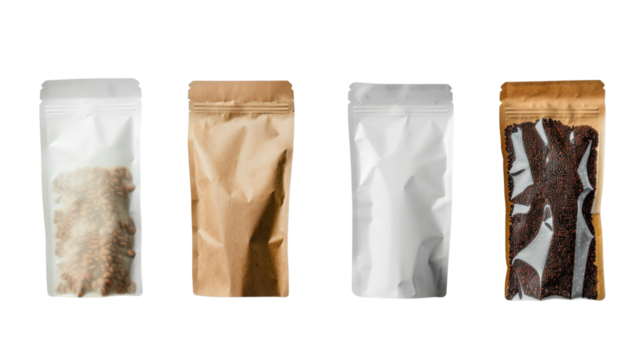 Four doypack pouches showing different food packaging options on transparent background