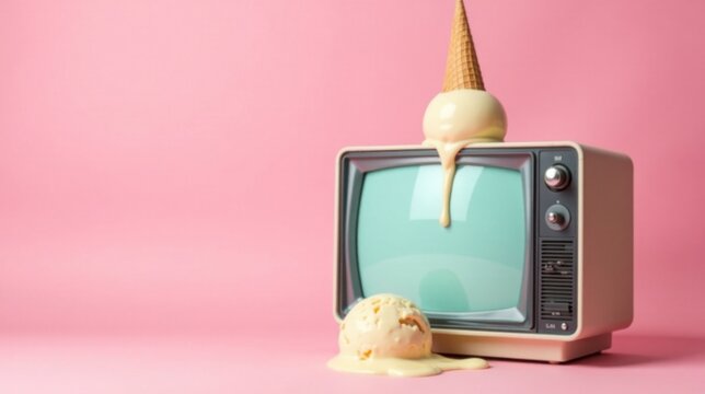 Retro Television with Melting Ice Cream Cones and Scoops on Pink Background