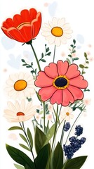 Fototapeta premium Colorful Floral Arrangement with Red Poppy, White Daisy, and Pink Flower on Light Background Ideal for Spring and Summer Themes