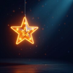 Shining gold star light hangs suspended from a dark ceiling, creating an ethereal ambiance, celestial, gold star, evening