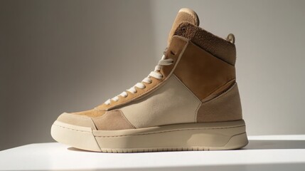 Tan high-top sneaker on display