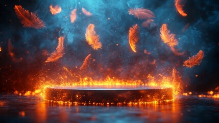 Fototapeta premium Circular podium surrounded by glowing feathers floating in the air