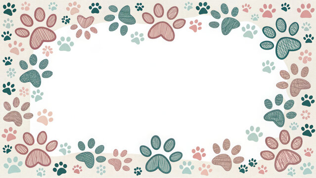 Cute animal paw print border frame repeat pattern. Ideal for pet birthday parties, adoption event invites, or playful decor. Surface pattern design