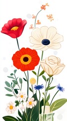 Vibrant Floral Arrangement Featuring Red Poppy, Colorful Anemones, Delicate Flowers, and Green Leaves against a Clean White Background