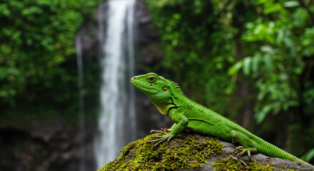 Fototapeta premium Green lizard sitting on a mossy rock in front of a cascading waterfall in the jungle