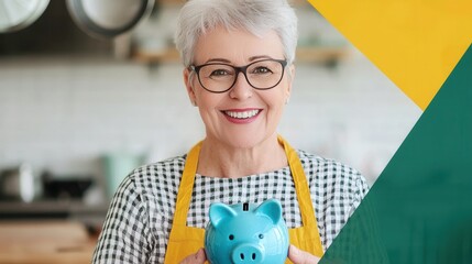 Cheerful Senior Woman Holding Blue Piggy Bank in Bright Kitchen
