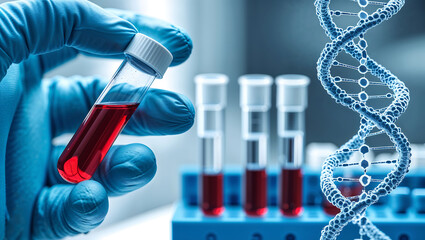 Scientific Clinical Digital Illustration with Gloved Hand Holding Small Tube