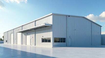 Obraz premium Modern industrial warehouse exterior with expansive paved area and loading docks