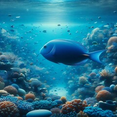 Fototapeta premium This vibrant underwater scene showcases a large blue fish swimming among colorful coral reefs and schools of smaller fish in a crystal-clear ocean.
