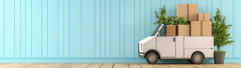 Moving Truck with Cardboard Boxes and Plants on Light Blue Wall