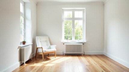 Fototapeta premium Sunlight Illuminates a Minimalist Room with Hardwood Floors, a White Chair, and a Radiator beneath a Large Window
