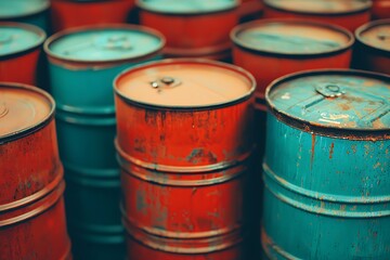 Fototapeta premium A collection of rusting barrels in vibrant colors, stacked closely together, showcasing industrial storage and weathered textures.