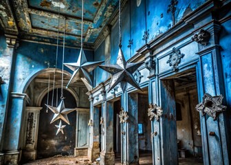 Abandoned Building Interior: Silver Stars Hanging Against Blue, Urban Exploration Photography