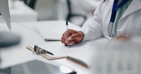 Hand, laboratory and checklist on clipboard or healthcare research for breakthrough, science or...