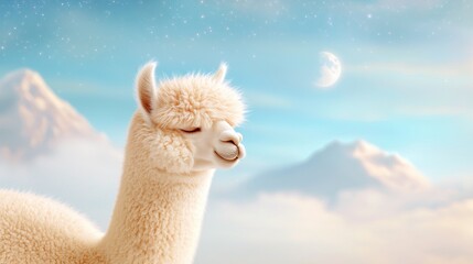 Fototapeta premium A serene, fluffy alpaca gazes peacefully against a dreamy pastel landscape, featuring mountains and a moonlit sky.