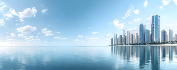 City skyline reflecting in calm ocean water under a blue sky
