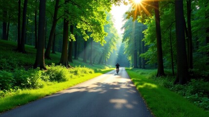 Obraz premium A solitary cyclist enjoys a tranquil morning bike ride along a sun-dappled path, surrounded by a vibrant, verdant forest