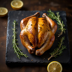 Homemade chicken rotisserie with thyme, lemon closeup on a slate board