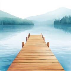 Tranquil watercolor landscape painting serene lake dock nature art calm environment aesthetic view relaxation concept