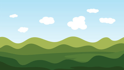 Obraz premium green field with mountain with white cloud on blue sky. landscape cartoon scene