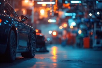 Auto repair shop in bokeh, defocused background