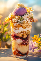 Springtime Filipino halo-halo with fresh fruits and ube