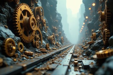 Obraz premium A Mystical Golden Gear Corridor An Enigmatic Path Through a Labyrinth of Intricate Mechanical Wonders
