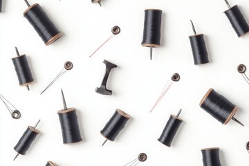 Obraz premium Black sewing machine stitches on white background. Various threaded stitches isolated on white