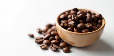 Naklejka premium Small coffee beans in a bowl on a white surface, container, brown, coffee