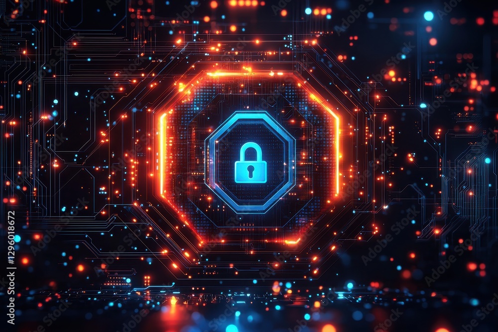 Poster secure digital network with futuristic glowing security icon and circuitry