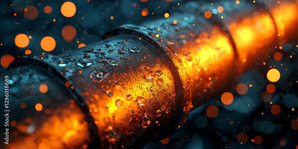 Poster a close-up of a metallic pipe illuminated by warm light, showcasing droplets of water on its surface