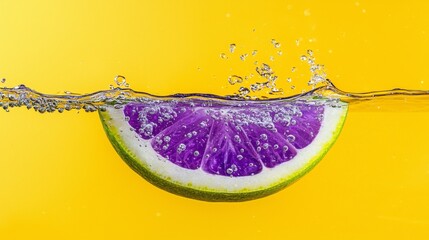 Refreshing water splash with lemon slice vibrant yellow background food photography bright environment close-up hydration concept