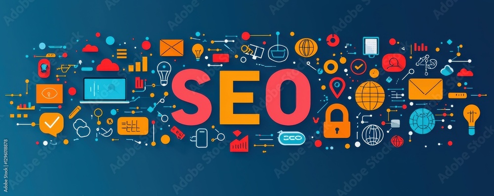 Poster creative illustration emphasizing seo with icons representing digital tools and concepts
