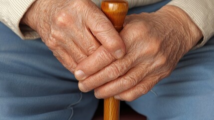 Closeup of an Elderly Man's Hands Relaxing on a Walking Cane, Emphasizing Ageing and Health