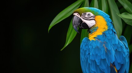 Obraz premium A vibrant blue macaw with a striking yellow accent stands gracefully against a dark background, surrounded by lush green leaves.
