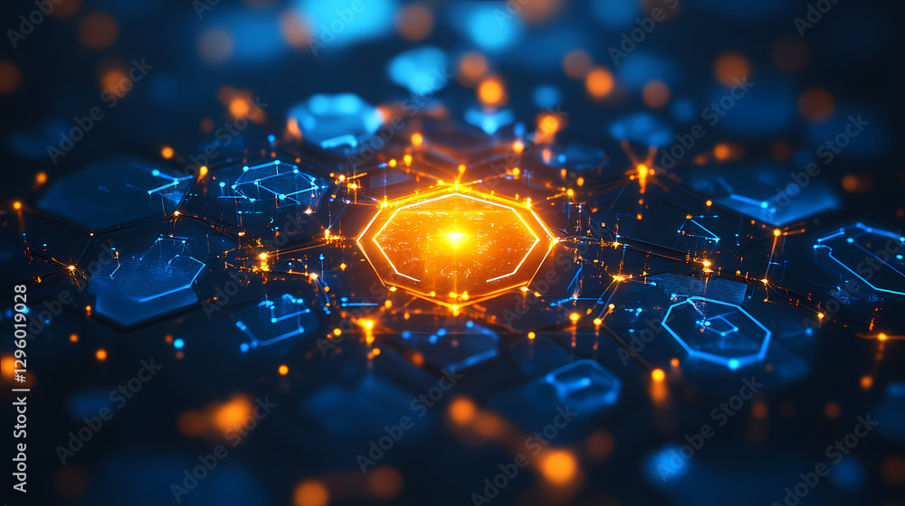Poster glowing hexagonal structure with tech network
