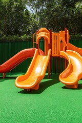 Bright orange slides create playful atmosphere in sunny playgrou