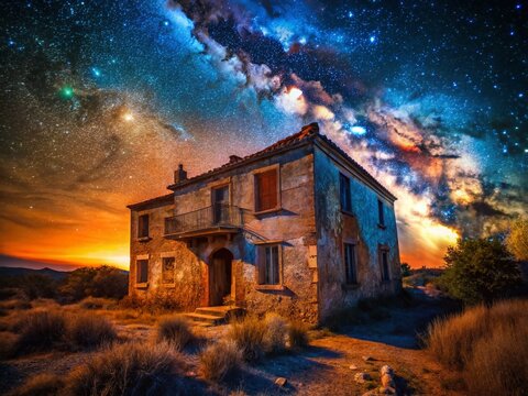 Abandoned House Albacete, Spain: Double Exposure Circumpolar Stars Night Sky