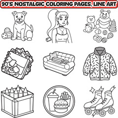 90's Nostalgic coloring pages, Line art vector illustration, bold and easy coloring page. 