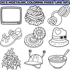 90's Nostalgic coloring pages, Line art vector illustration, bold and easy coloring page. 