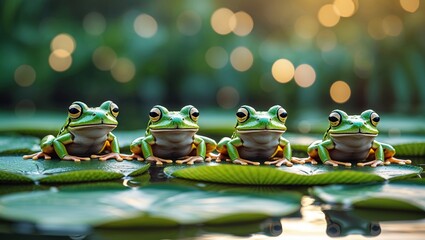 Four frogs sitting on lily pads in a serene pond during sunset amidst a backdrop of soft lights
