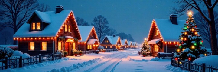 Snow-covered village scene with festive lights and Christmas decorations, decorations, lights, christmas