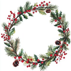Festive Circular Wreath of Greenery and Red Berries: Botanical Delight for Celebrations and Holiday Cards
