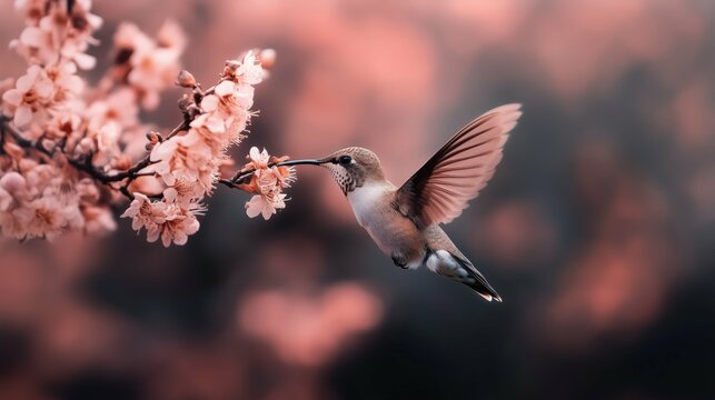 Hummingbird in flight sips nectar from pink blossoms in a lush garden setting.
