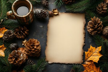 Obraz premium Rustic Autumn Coffee and Pinecone Scene with Blank Paper for Seasonal Greeting Design